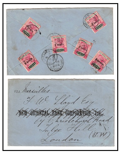 SEYCHELLES - 1902 2c on 4c carmine and green (x6) on cover to UK.