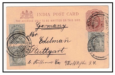 BURMA - 1902 1/4a brown PSC of India uprated with 1/4a (x3) to Germany used at RANGOON.  H&G 15.