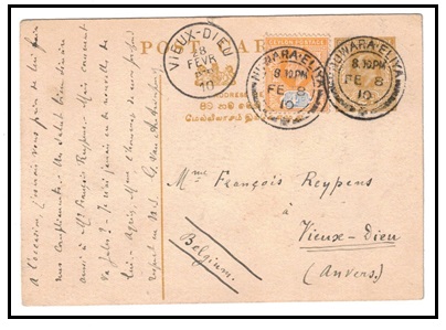 CEYLON - 1907 2c olive yellow PSC to Belgium uprated and used at NUWARA ELIYA.  H&G 45.