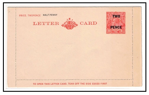 AUSTRALIA - 1930 TWO PENCE on 1 1/2d red postal stationery lettercard unused.  H&G 29.