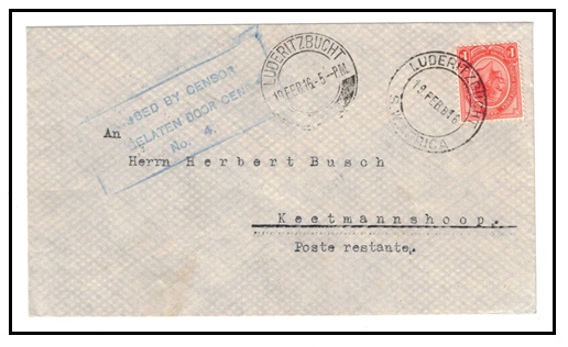 SOUTH WEST AFRICA - 1916 1d rate local cover used at LUDERITZBUCHT struck PASSED BY CENSOR/No.4.