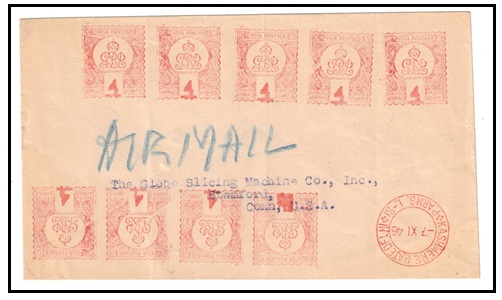 INDIA - 1946 4c (x9) meter mark cover to USA cancelled KASHMERE GATE DELHI/P/ARMS L -81 cds 