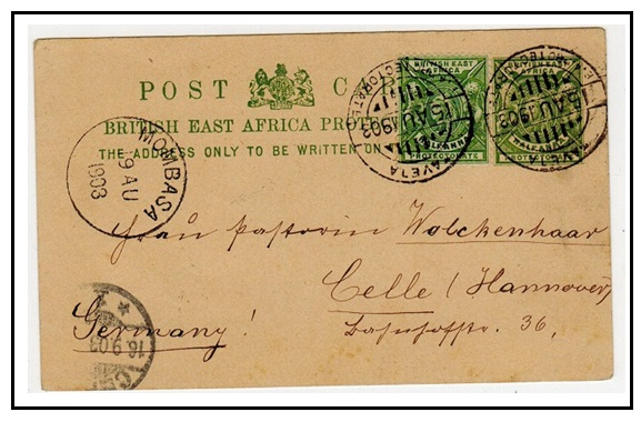 BRITISH EAST AFRICA - 1896 1/2d yellow green PSC to Germany uprated and used at TAVETA.  H&G 7.