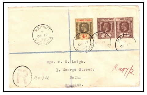 DOMINICA - 1928 4 1/2d rate registered cover to UK used at MAHAUT/DOMINICA.