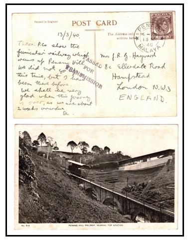 MALAYA - 1940 5c rated postcard use to UK used at PENANG struck PASSED/FOR/TRANSMISSION.