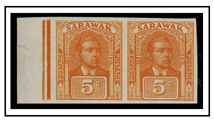 SARAWAK - 1928 5c IMPERFORATE PLATE PROOF (SG type 17) marginal pair printed in yellow orange.