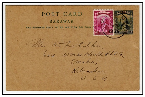 SARAWAK - 1934 2c deep green PSC to USA uprated with 4c used at KUCHING.  H&G 14.