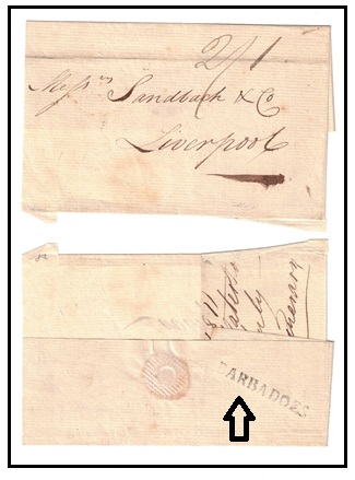 BARBADOS - 1811 part outer wrapper to UK struck BARBADOES.