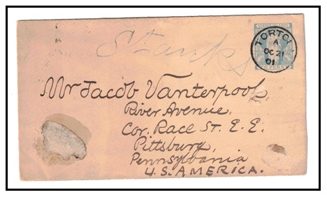 BRITISH VIRGIN ISLANDS - 1901 2 1/2d ultramarine PSE (size b) to USA used at TORTOLA. H&G 2a.