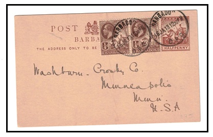 BARBADOS - 1910 1/2d brown PSC to USA uprated with 1/4d pair tied BARBADOS. H&G 11.