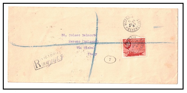 SEYCHELLES - 1947 5r rated registered cover to Italy used at VICTORIA.