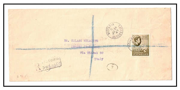 SEYCHELLES - 1947 2r50c rated registered cover to Italy used at VICTORIA.