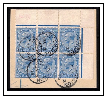 ASCENSION - 1913 piece with GB 2 1/2d blue block of six all cancelled ASCENSION.  SG Z43.