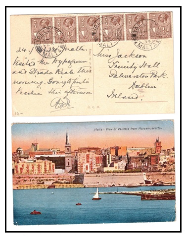 MALTA - 1934 1/4d (x5) on postcard to Ireland used at VALLETTA.