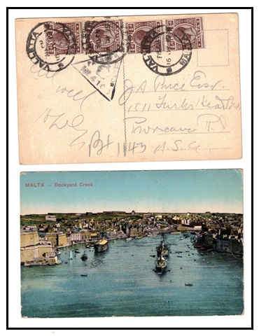 MALTA - 1919 1/4d (x4) censored postcard use to USA used at VALLETTA.