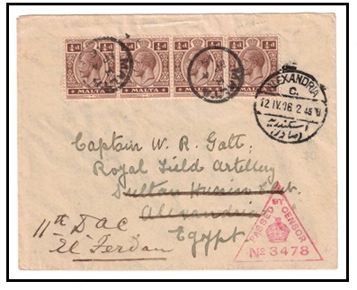 MALTA - 1916 1/4d (x4) censored cover to Egypt used at VALLETTA.