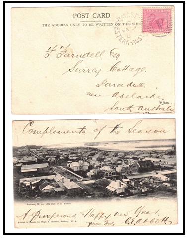 WESTERN AUSTRALIA - 1908 1d rate postcard to Adelaide used at VASSE.