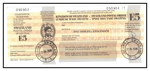 SWAZILAND - 2006 issued E5  SWAZILAND POSTAL ORDER in unused condition.
