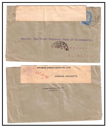 INDIA - 1914 2a6p (perfin) rate cover to USA with OPENED UNDER MARIAL LAW/CENSOR CALCUTTA label.