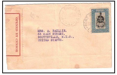 PAPUA - 1939 3d rate OPENED BY CENSOR cover to USA used at PORT MORESBY.