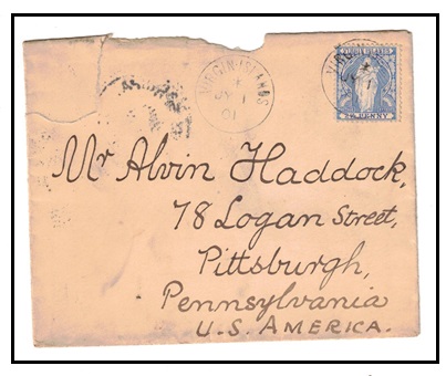 BRITISH VIRGIN ISLANDS - 1901 2 1/2d rate cover to USA used at VIRGIN ISLANDS.