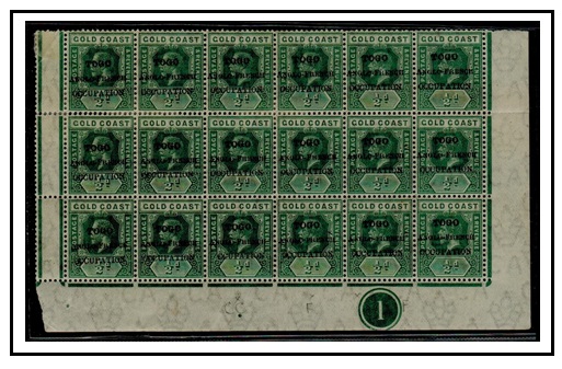 TOGO - 1915 1/2d green mint block of 18 including CCUPATION error. SG 38a+f