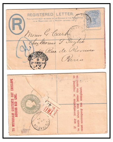 TRINIDAD AND TOBAGO - 1893 2d blue RPSE (size F) uprated to France.  H&G 5.