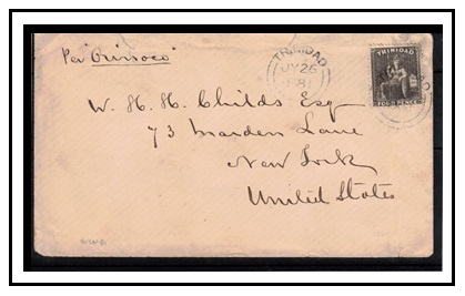 TRINIDAD AND TOBAGO - 1881 4d rate cover to USA.