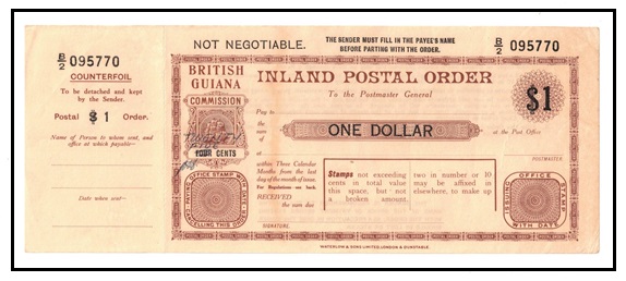 BRITISH GUIANA - 1950 (circa) $1+4c INLAND POSTAL ORDER unused.