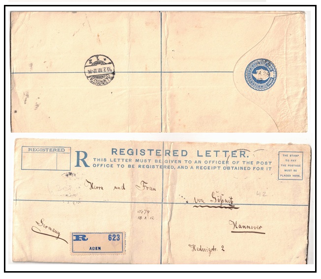 ADEN - 1912 2a ultramarine RPSE (size J) to Germany. H&G 1b.