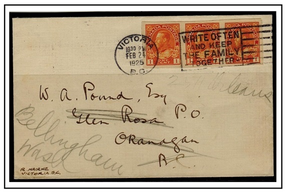 CANADA - 1925 1c (imperforate) strip of three on cover used at VICTORIA.