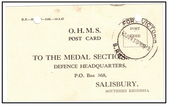 SOUTHERN RHODESIA - 1949 use of O.H.M.S. acknowledgement postcard used at FORT VICTORIA.