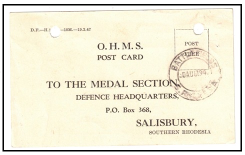 SOUTHERN RHODESIA - 1949 use of O.H.M.S. acknowledgement postcard used at BATTLEFIELDS.