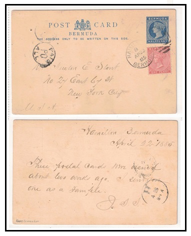 BERMUDA - 1885 1/2d blue PSC uprated to USA used at HAMILTON.  H&G 3a.