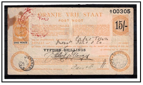 ORANGE FREE STATE - 1898 15/- + (3d) orange POSTAL ORDER issued at WEPENER.  H&G 8.