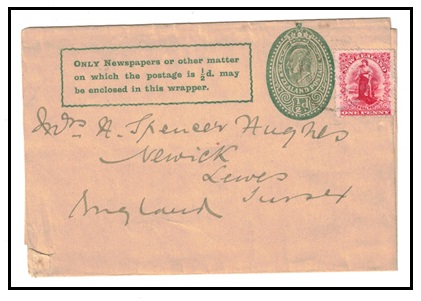 NEW ZEALAND - 1903 1/2d green postal stationery wrapper uprated to UK.  H&G 6.