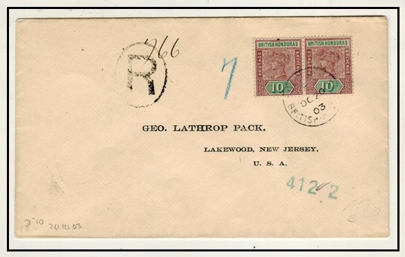 BRITISH HONDURAS - 1903 20c rate registered cover to USA used at BELIZE.