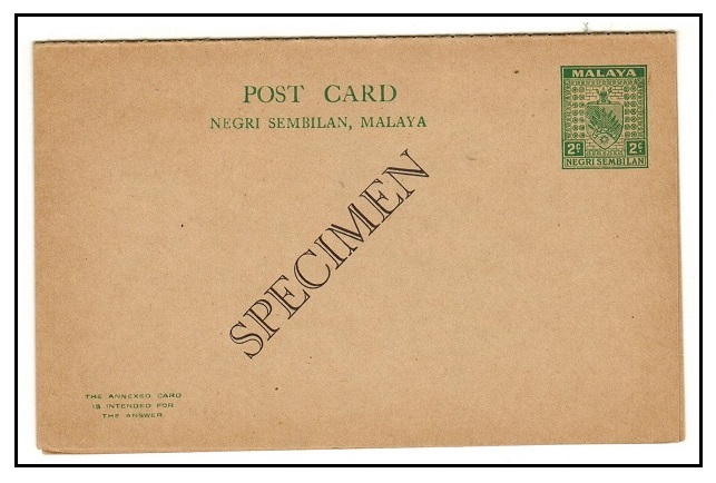 MALAYA - 1936 2c + 2c green PSRC of Negri Sembilan struck SPECIMEN diagonally.  H&G 4.