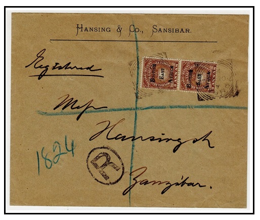 BRITISH EAST AFRICA - 1895 8a rate registered cover to Zanzibar used at MOMBASA.