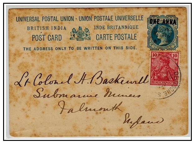 BRITISH EAST AFRICA - 1895 1a on 1 1/2a PSC (toned) taken to UK via DEUTSCHE SEAPOST.  H&G 5.