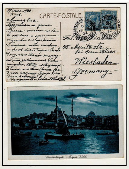 BRITISH LEVANT - 1922 3 3/4d on 2 1/2d (x2) rated postcard use to Germany from CONSTANTINOPLE.