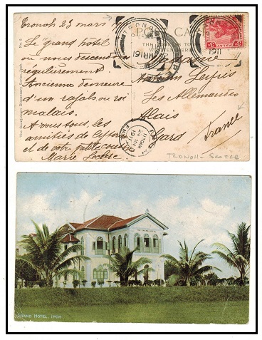 MALAYA - 1911 4c FMS rate postcard to France used at TRONG.