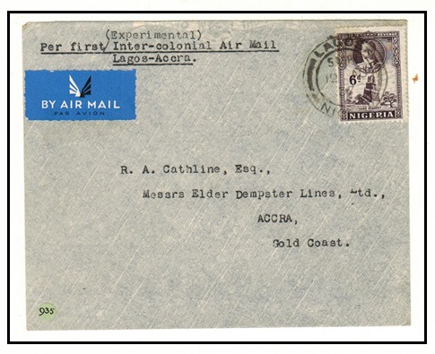 NIGERIA - 1937 6d rate first flight cover to Gold Coast from LAGOS.