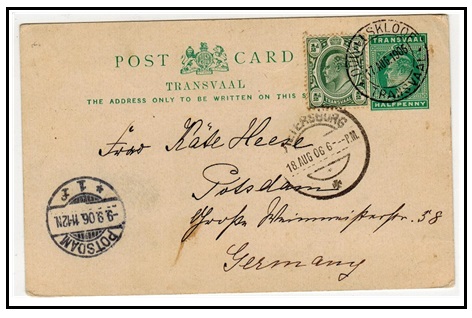 TRANSVAAL - 1902 1/2d green PSC uprated to Germany used at DUIWELSKOOF.  H&G 11.