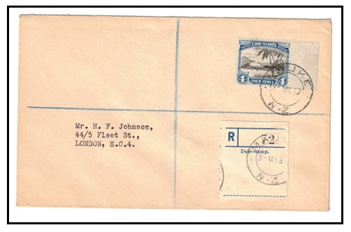 COOK ISLANDS - 1937 4d rate registered cover to UK used at MAUKE.