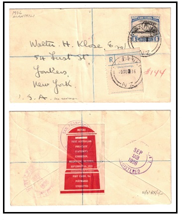 COOK ISLANDS - 1936 4d rate registered cover to USA used at MANIHIKI.