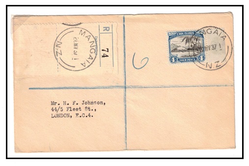 COOK ISLANDS - 1937 4d rate registered cover to UK used at MANGAIA.