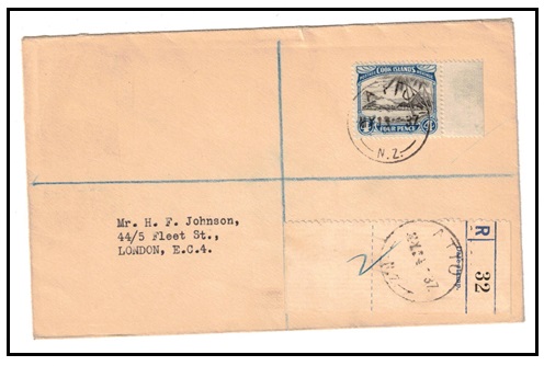 COOK ISLANDS - 1937 4d rate registered cover to UK used at ATIU.