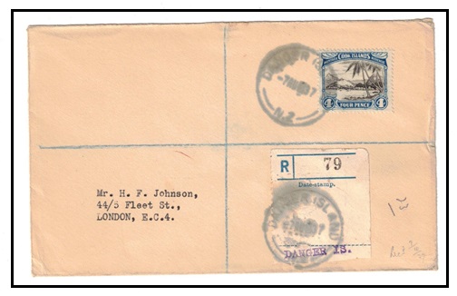 COOK ISLANDS - 1937 4d rate registered cover to UK used at DANGER ISLAND.