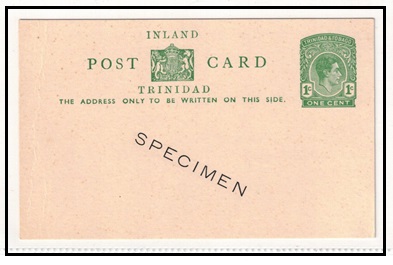 TRINIDAD AND TOBAGO - 1937 1c green PSC unused with SPECIMEN applied diagonally.  H&G 4.